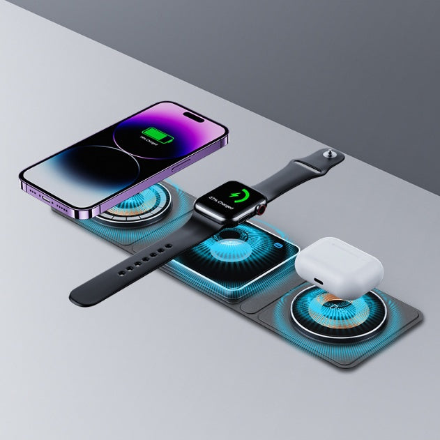 Đế sạc không dây gấp gọn từ tính 3 trong 1 cho iPhone, sạc nhanh trong suốt cho iWatch và Airpods