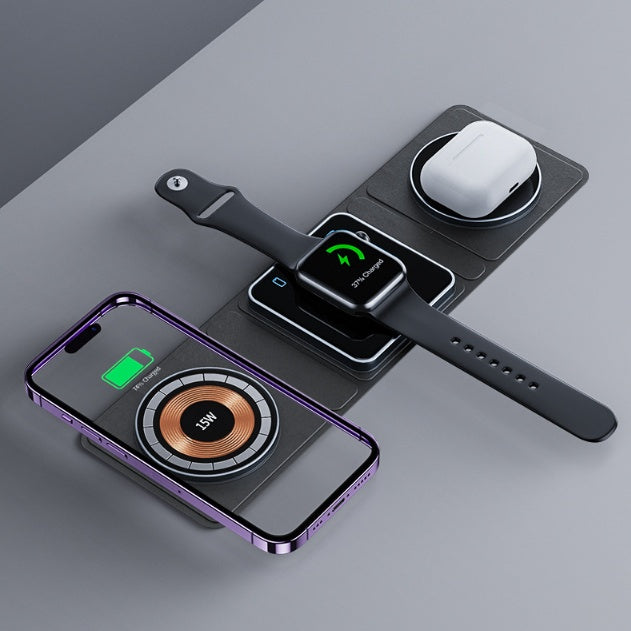 Đế sạc không dây gấp gọn từ tính 3 trong 1 cho iPhone, sạc nhanh trong suốt cho iWatch và Airpods